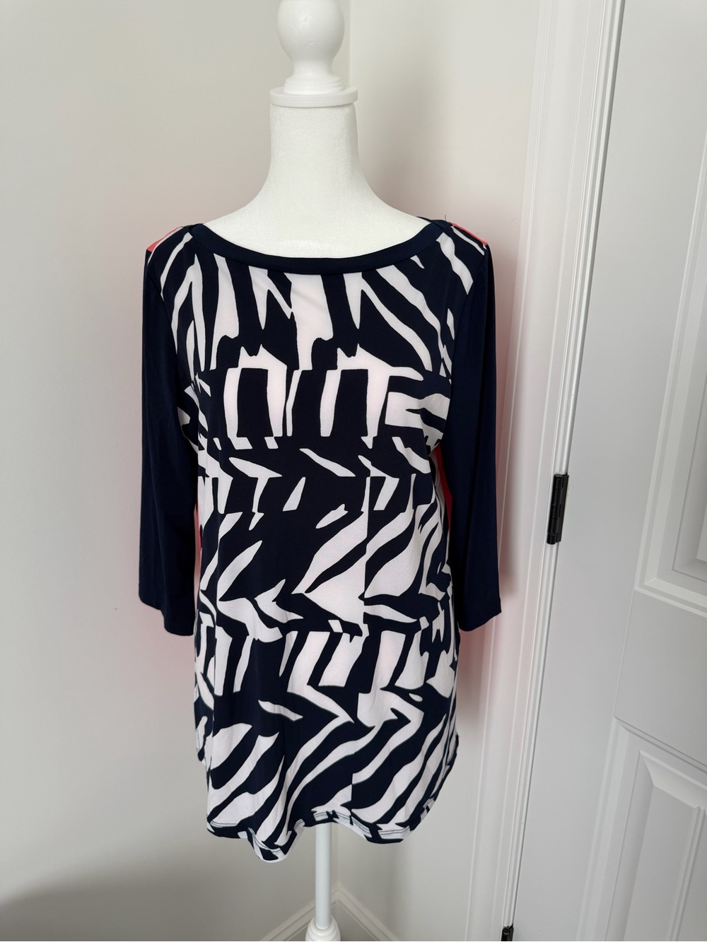 Susan Graver Navy, White & Coral Abstract Print 3/4 Sleeve Top